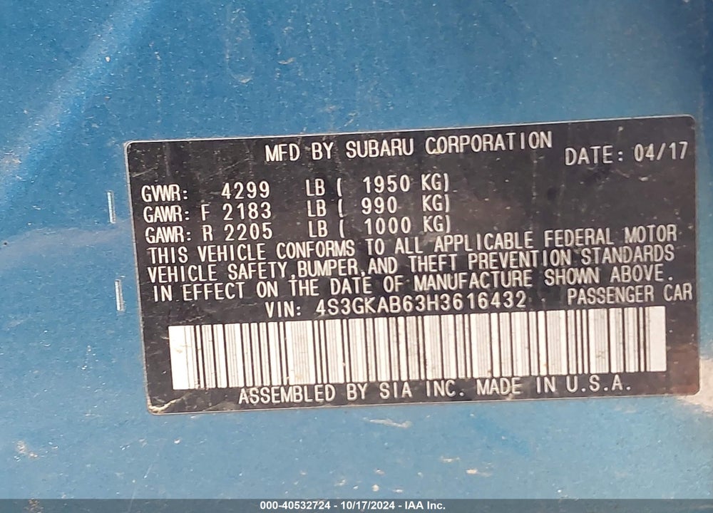 2017 SUBARU IMPREZA 2.0I PREMIUM VIN: 4S3GKAB63H3616432