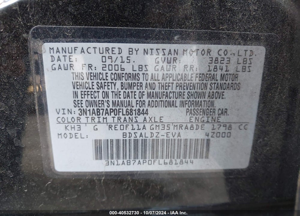2015 NISSAN SENTRA SV VIN: 3N1AB7AP0FL681844