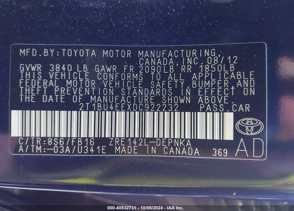 2013 TOYOTA COROLLA LE VIN: 2T1BU4EEXDC922232