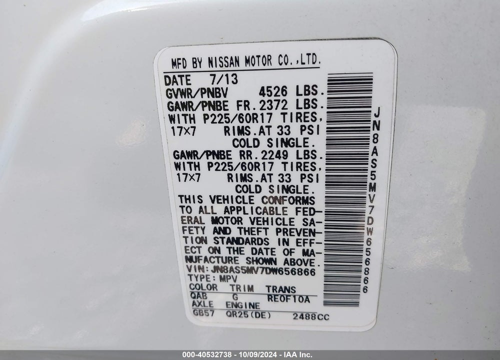 2013 NISSAN ROGUE SV VIN: JN8AS5MV7DW656866