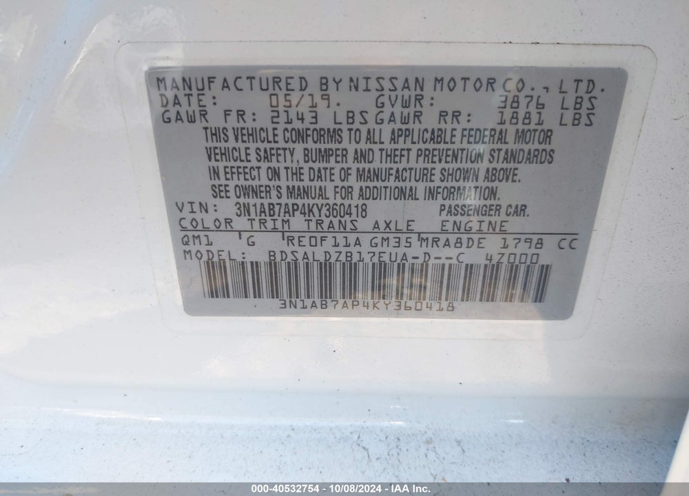 2019 NISSAN SENTRA SV VIN: 3N1AB7AP4KY360418