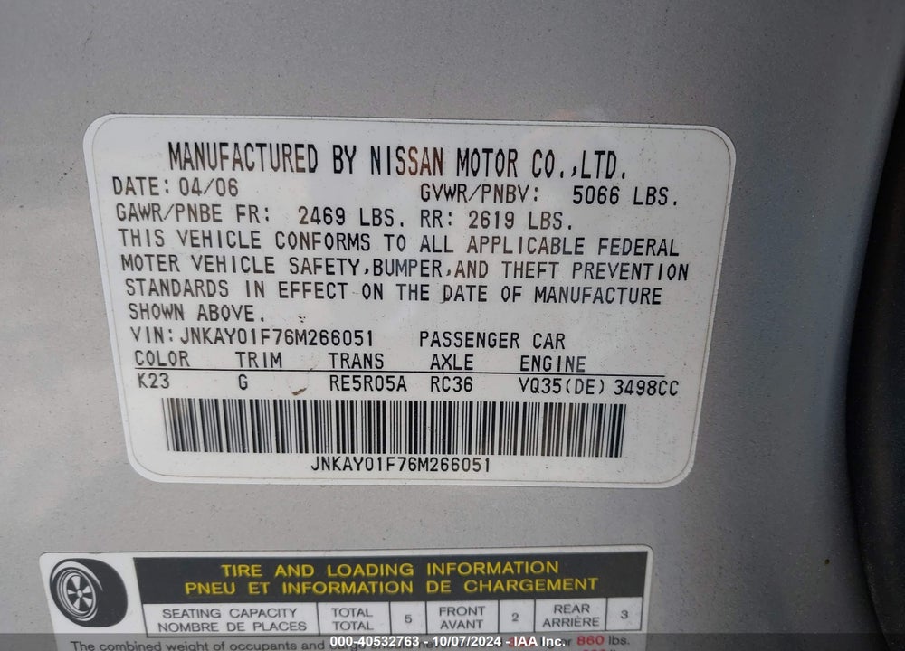 2006 INFINITI M35X VIN: JNKAY01F76M266051