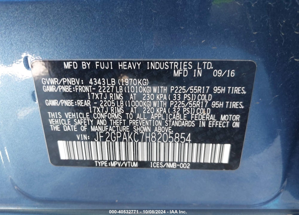 2017 SUBARU CROSSTREK 2.0I LIMITED VIN: JF2GPAKC7H8205854