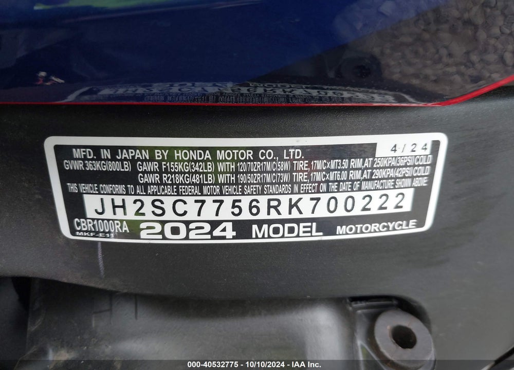 2024 HONDA CBR1000 RA VIN: JH2SC7756RK700222