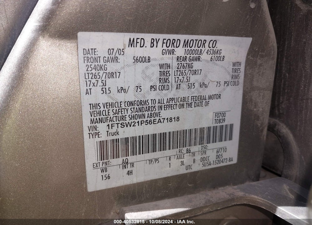 2006 FORD F-250 LARIAT/XL/XLT VIN: 1FTSW21P56EA71818