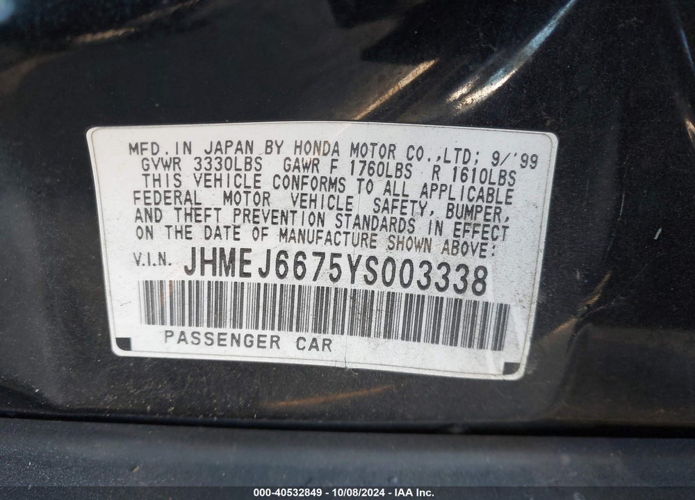 2000 HONDA CIVIC LX VIN: JHMEJ6675YS003338