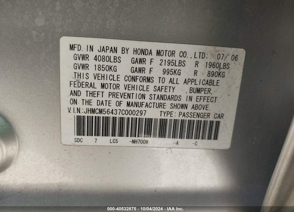 2007 HONDA ACCORD 2.4 LX VIN: JHMCM56437C000297
