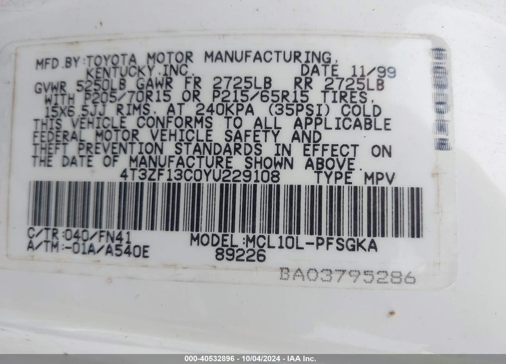2000 TOYOTA SIENNA LE VIN: 4T3ZF13C0YU229108