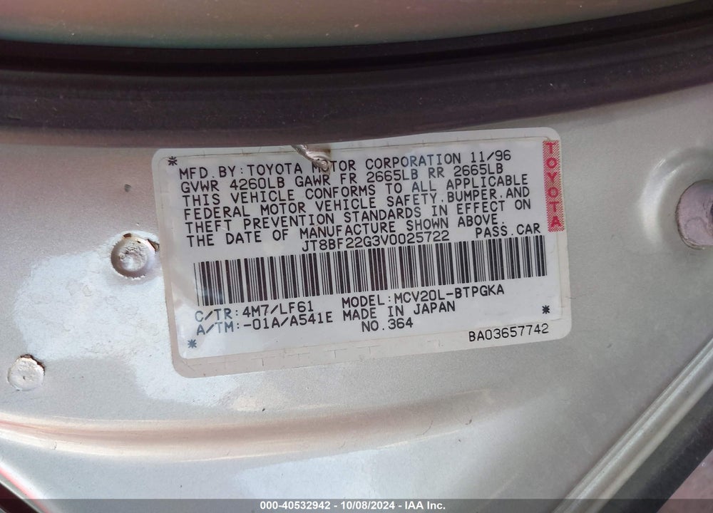 1997 LEXUS ES 300 VIN: JT8BF22G3V0025722