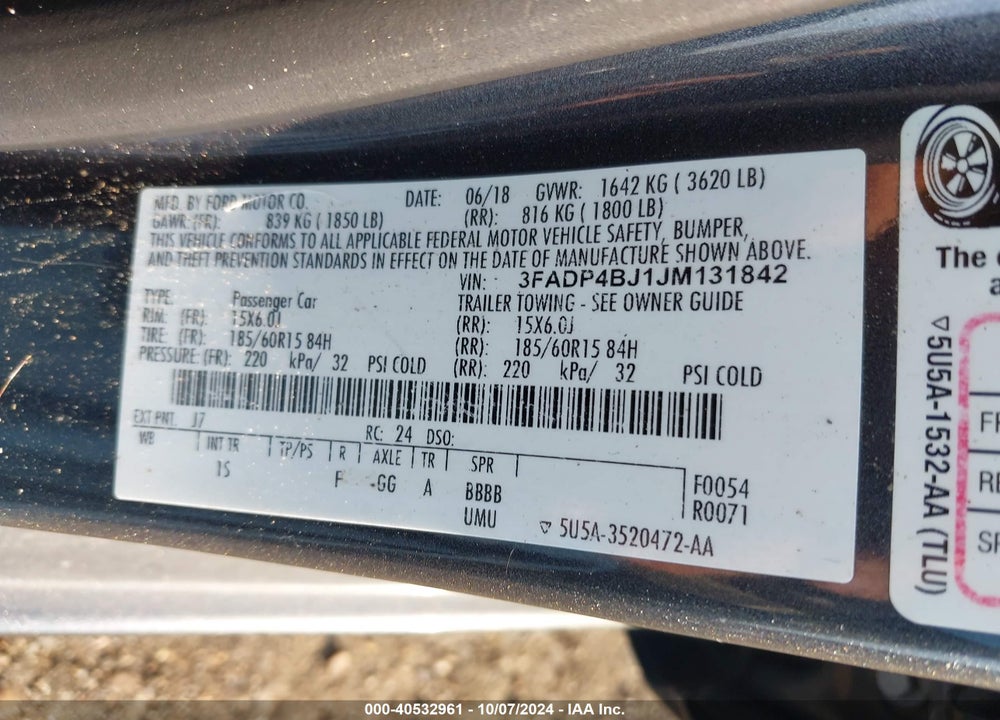 2018 FORD FIESTA SE VIN: 3FADP4BJ1JM131842