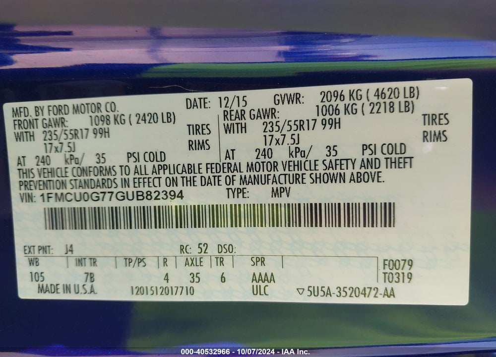 2016 FORD ESCAPE SE VIN: 1FMCU0G77GUB82394