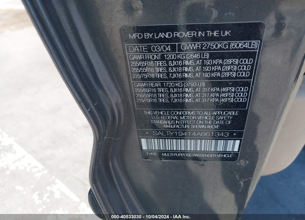 2004 LAND ROVER DISCOVERY SE VIN: SALTY19414A861343