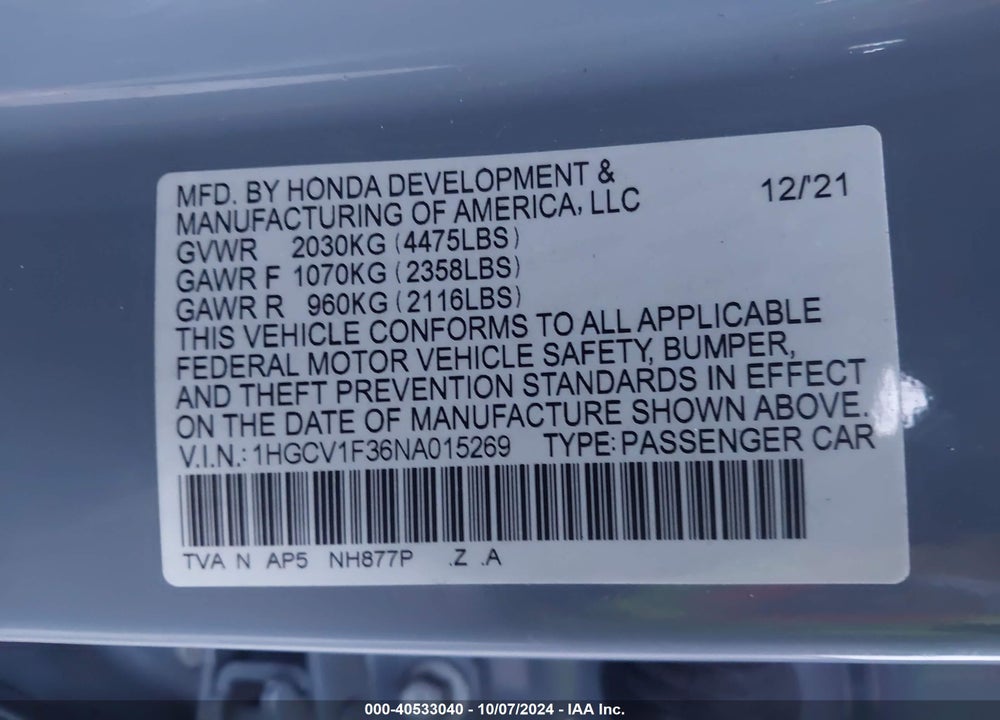 2022 HONDA ACCORD SPORT VIN: 1HGCV1F36NA015269