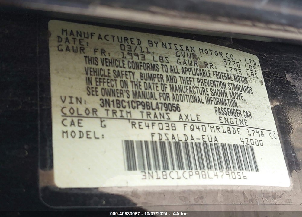 2011 NISSAN VERSA 1.8S VIN: 3N1BC1CP9BL479056