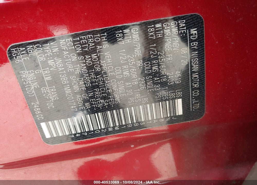 2021 NISSAN ROGUE SV INTELLIGENT AWD VIN: JN8AT3BB1MW201747