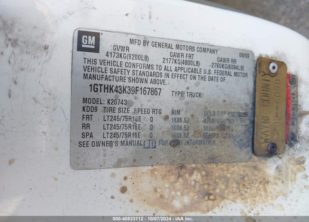 2009 GMC SIERRA 2500HD WORK TRUCK VIN: 1GTHK43K39F167867