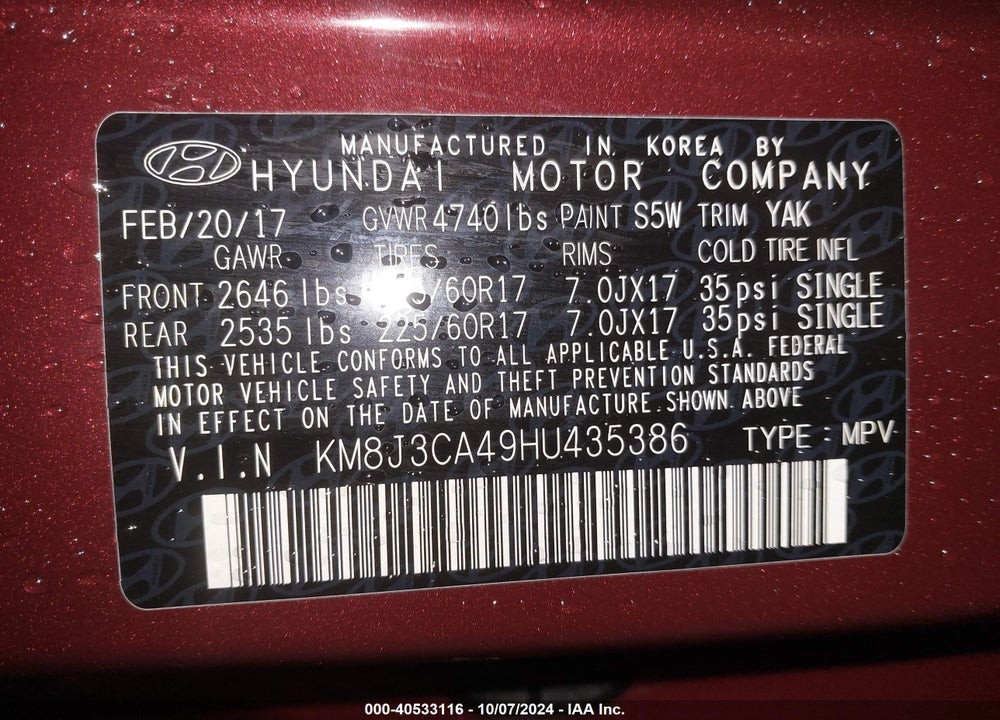 2017 HYUNDAI TUCSON SE VIN: KM8J3CA49HU435386
