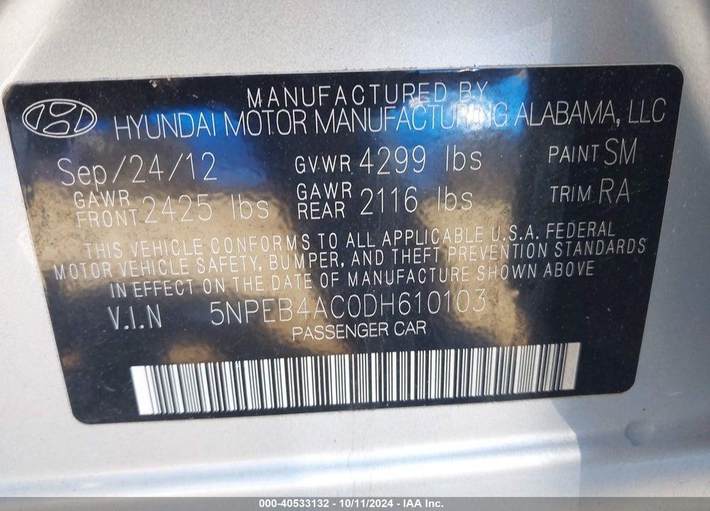 2013 HYUNDAI SONATA GLS VIN: 5NPEB4AC0DH610103