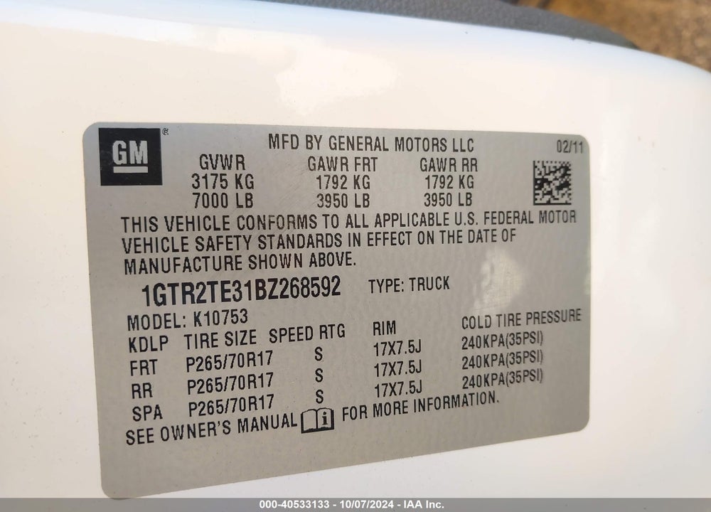 2011 GMC SIERRA 1500 WORK TRUCK VIN: 1GTR2TE31BZ268592