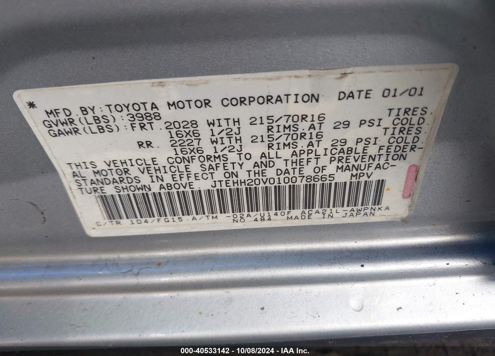2001 TOYOTA RAV4 VIN: JTEHH20V010078665