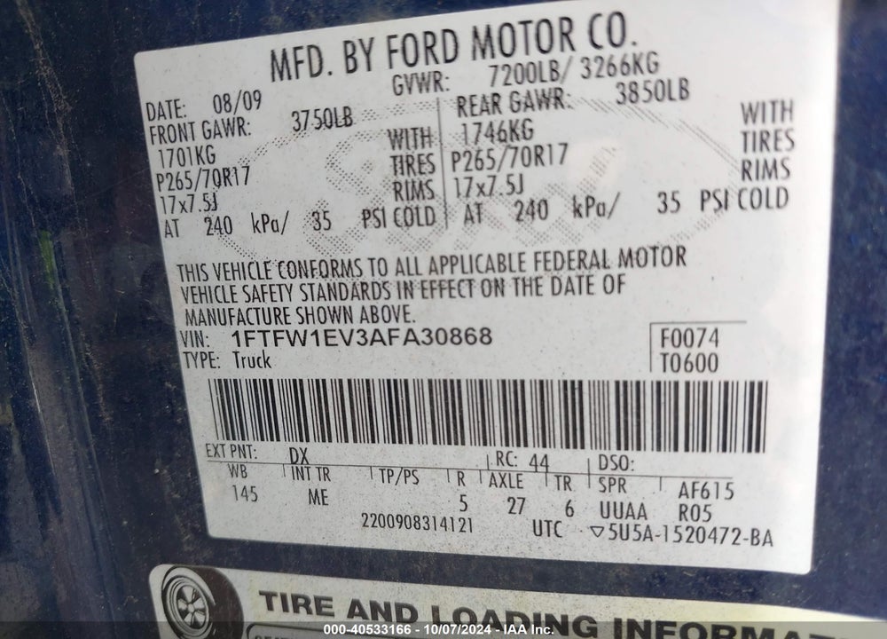 2010 FORD F-150 FX4/HARLEY-DAVIDSON/KING RANCH/LARIAT/PLATINUM/XL/XLT VIN: 1FTFW1EV3AFA30868