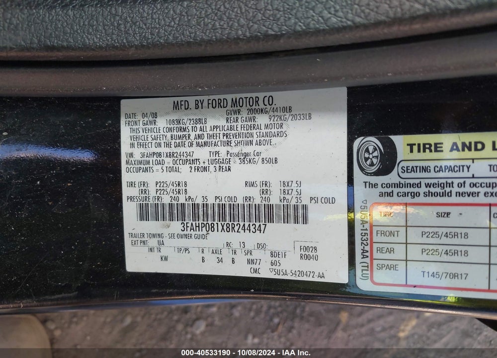 2008 FORD FUSION SEL VIN: 3FAHP081X8R244347