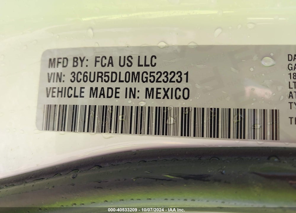 2021 RAM 2500 BIG HORN 4X4 6'4 BOX VIN: 3C6UR5DL0MG523231