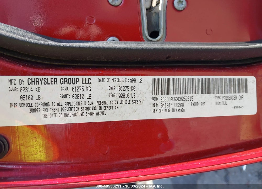 2012 CHRYSLER 300 LIMITED VIN: 2C3CCACGXCH252815