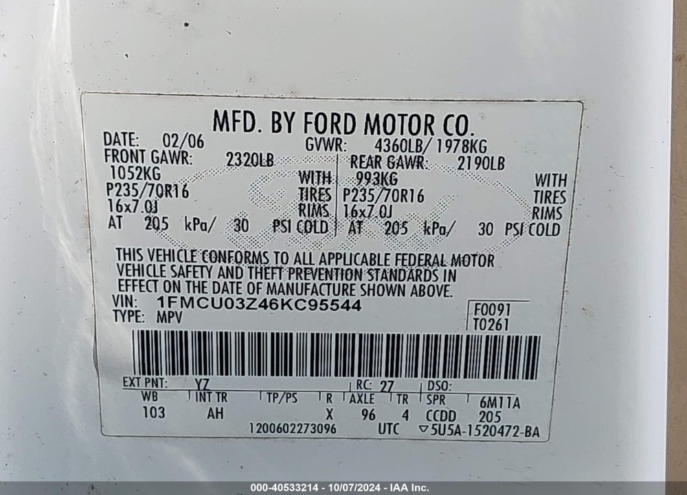 2006 FORD ESCAPE XLT VIN: 1FMCU03Z46KC95544