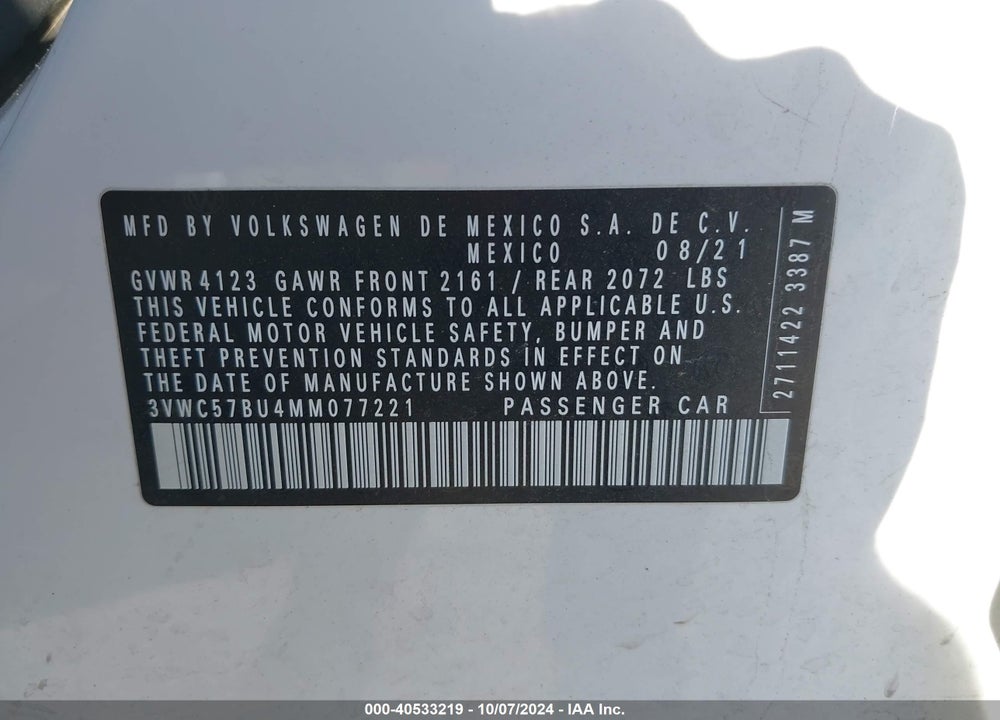 2021 VOLKSWAGEN JETTA 1.4T R-LINE/1.4T S/1.4T SE VIN: 3VWC57BU4MM077221
