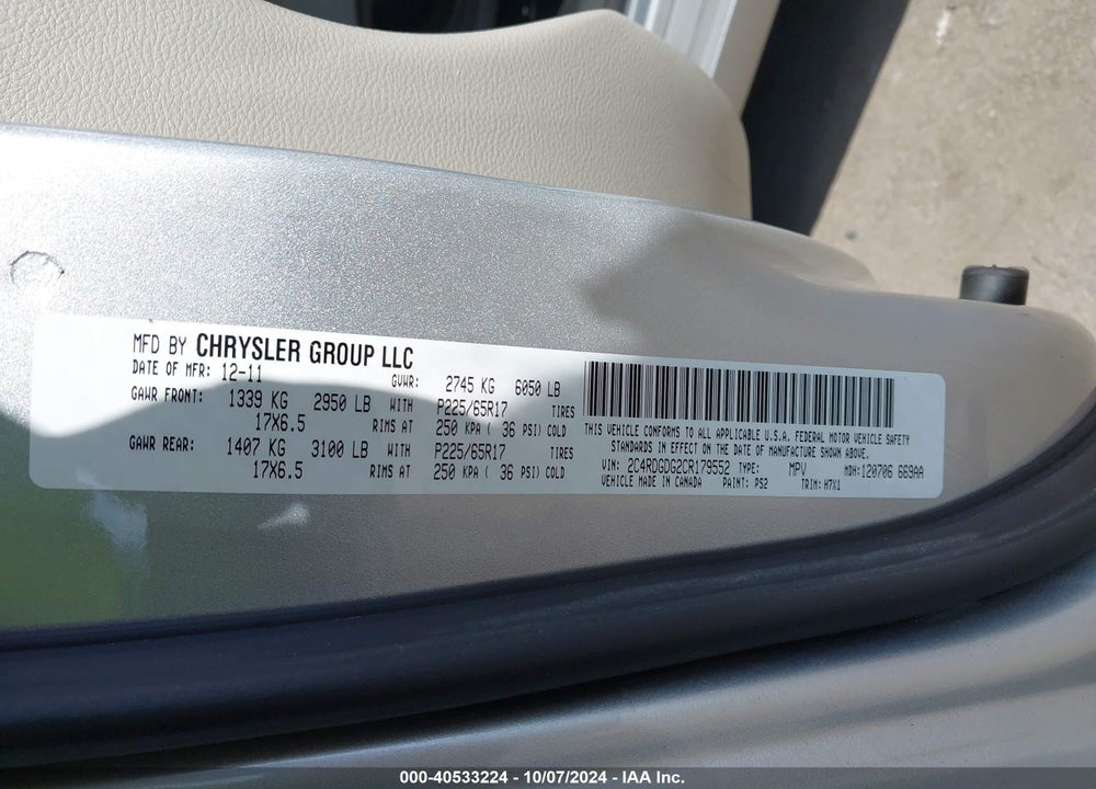 2012 DODGE GRAND CARAVAN CREW VIN: 2C4RDGDG2CR179552