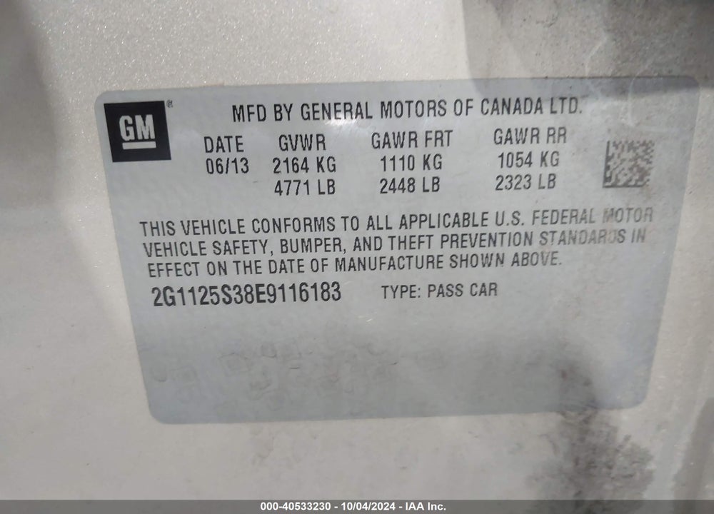 2014 CHEVROLET IMPALA 2LT VIN: 2G1125S38E9116183