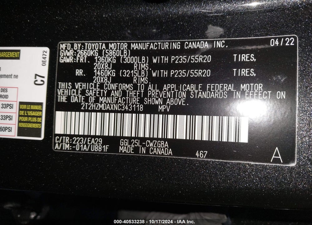 2022 LEXUS RX 350 VIN: 2T2HZMDAXNC343118