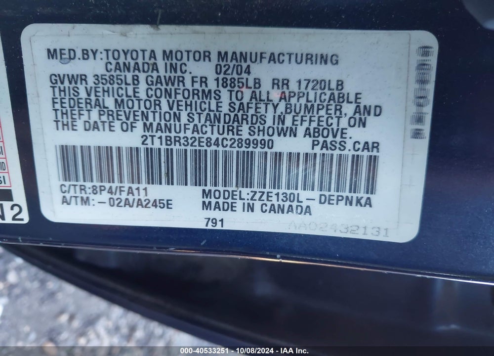 2004 TOYOTA COROLLA LE VIN: 2T1BR32E84C289990
