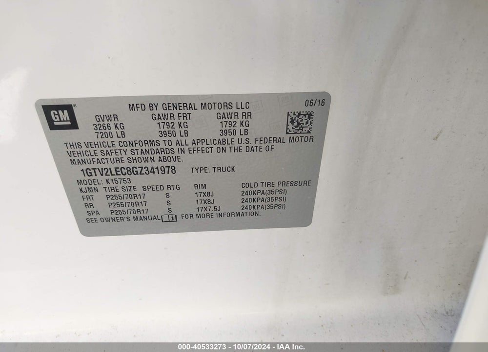 2016 GMC SIERRA 1500 VIN: 1GTV2LEC8GZ341978