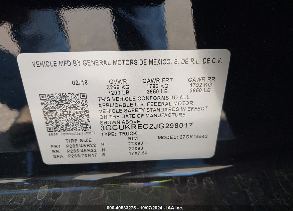 2018 CHEVROLET SILVERADO 1500 1LT VIN: 3GCUKREC2JG298017