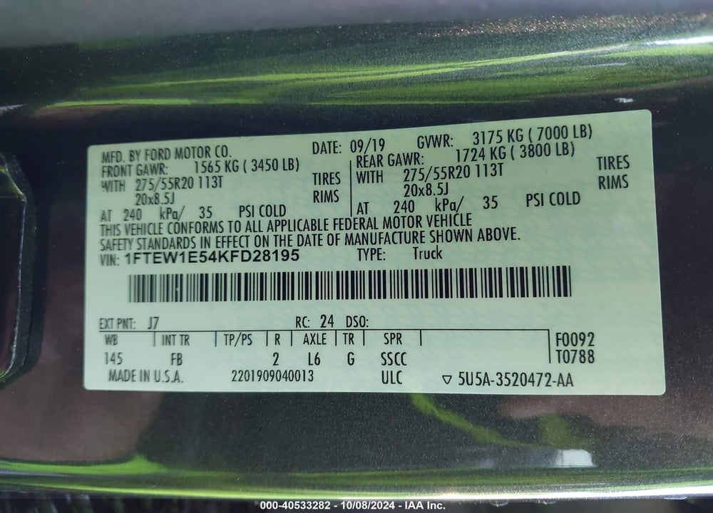 2019 FORD F-150 XLT VIN: 1FTEW1E54KFD28195
