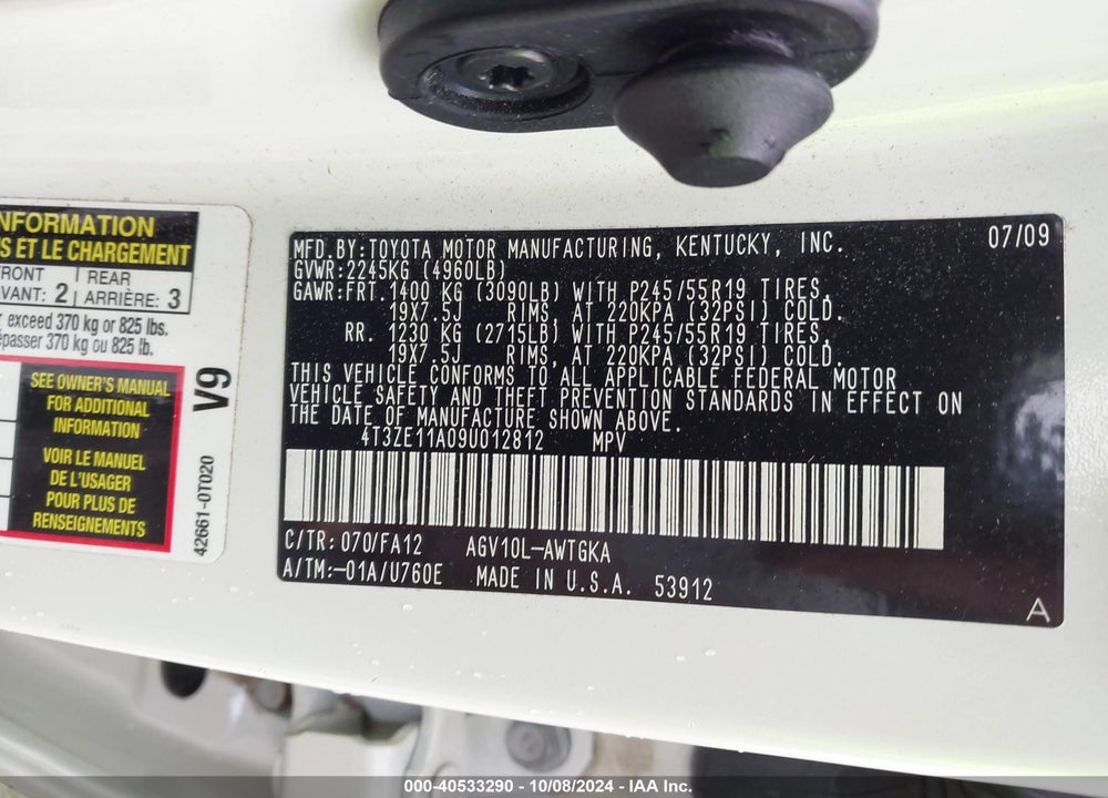 2009 TOYOTA VENZA VIN: 4T3ZE11A09U012812
