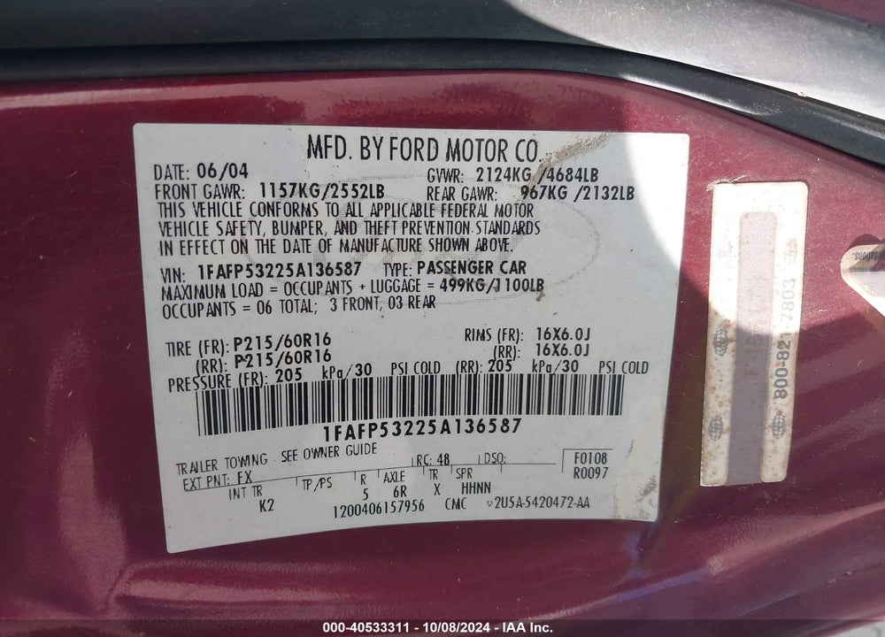 2005 FORD TAURUS SE VIN: 1FAFP53225A136587
