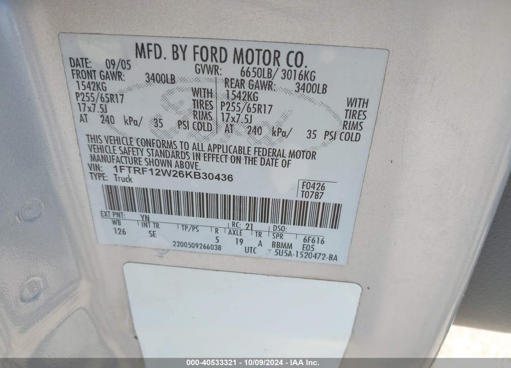 2006 FORD F-150 STX/XL/XLT VIN: 1FTRF12W26KB30436