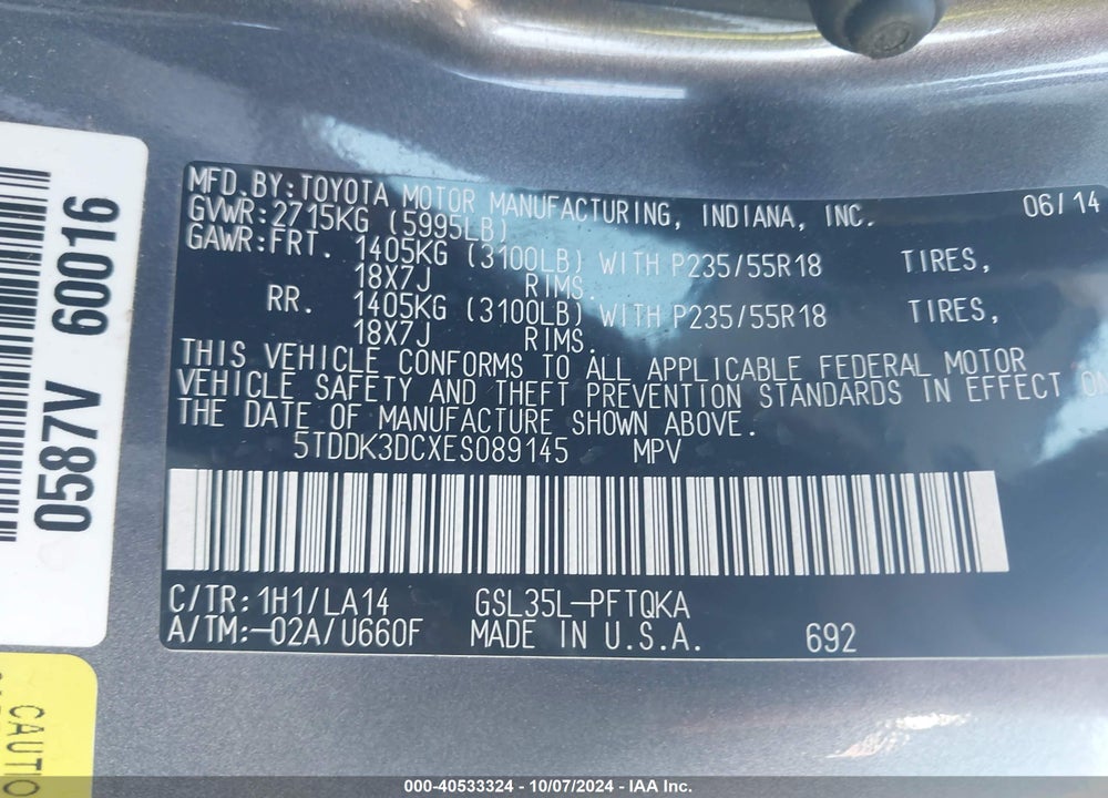 2014 TOYOTA SIENNA LIMITED 7 PASSENGER VIN: 5TDDK3DCXES089145