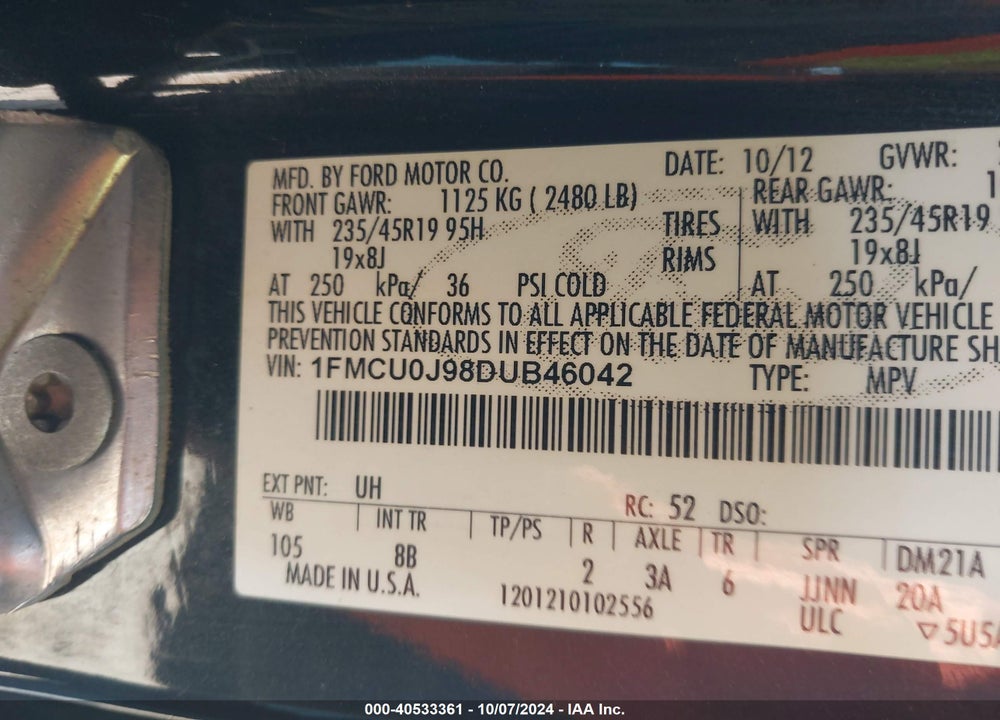 2013 FORD ESCAPE TITANIUM VIN: 1FMCU0J98DUB46042