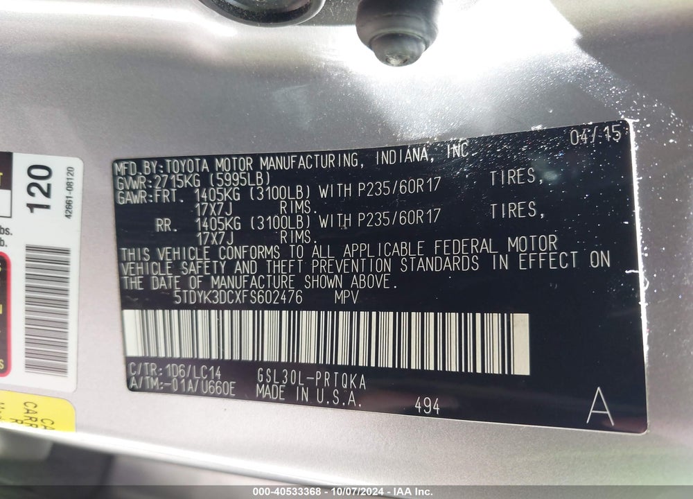 2015 TOYOTA SIENNA XLE 8 PASSENGER VIN: 5TDYK3DCXFS602476