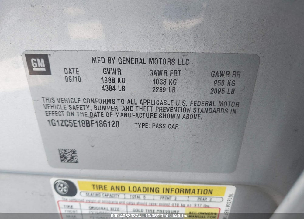 2011 CHEVROLET MALIBU 1LT VIN: 1G1ZC5E18BF186120