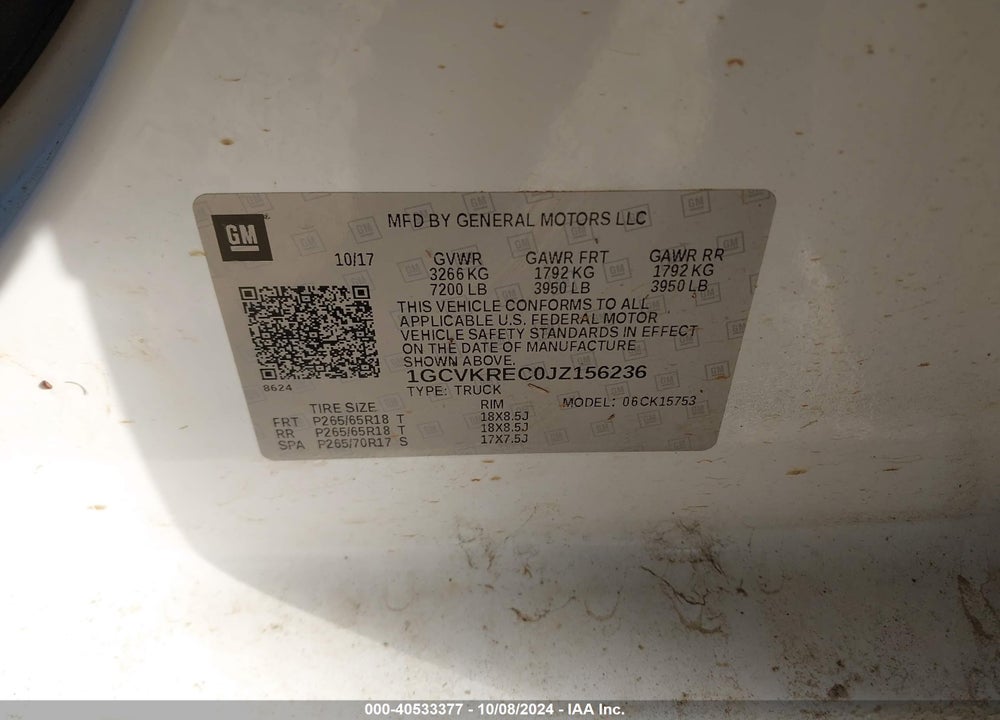 2018 CHEVROLET SILVERADO 1500 2LT VIN: 1GCVKREC0JZ156236