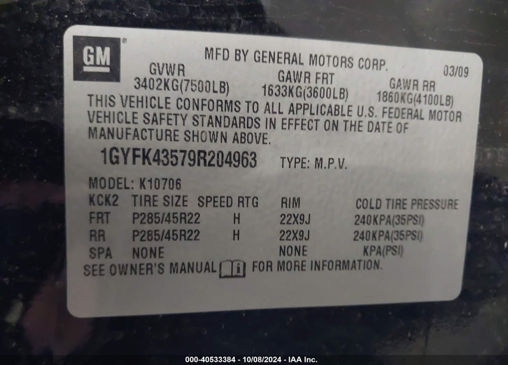2009 CADILLAC ESCALADE HYBRID STANDARD VIN: 1GYFK43579R204963