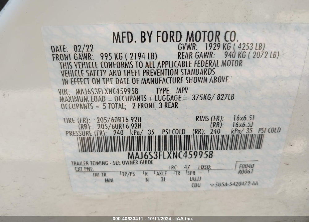 2022 FORD ECOSPORT S VIN: MAJ6S3FLXNC459958
