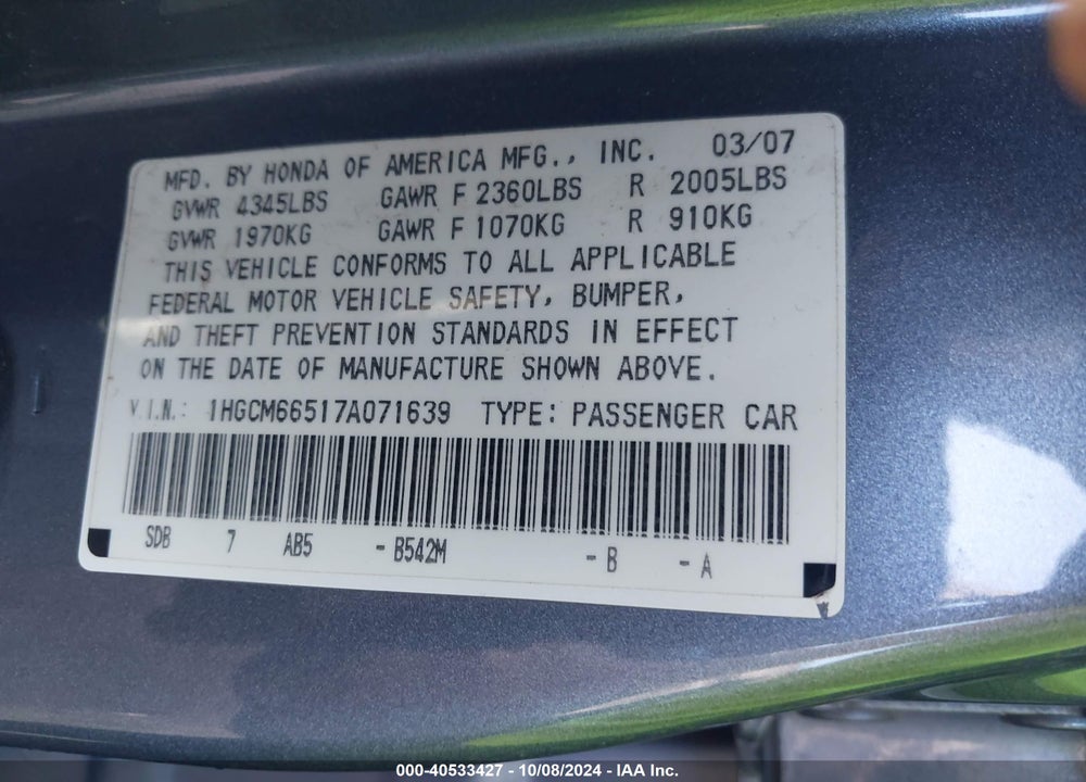 2007 HONDA ACCORD 3.0 EX VIN: 1HGCM66517A071639