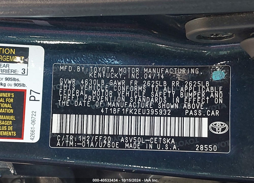 2014 TOYOTA CAMRY SE VIN: 4T1BF1FK2EU395932