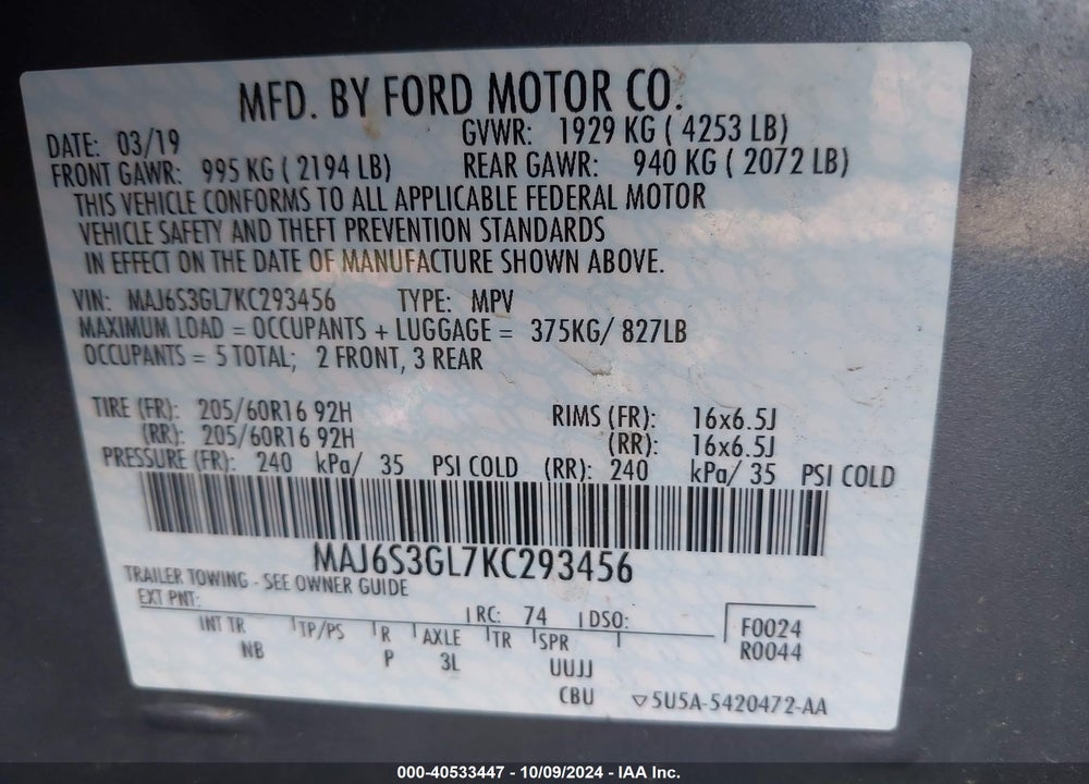 2019 FORD ECOSPORT SE VIN: MAJ6S3GL7KC293456